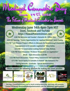 A brightly colored flyer with the 2023 agenda for the medical cannabis day event. View the event page for machine readable text.